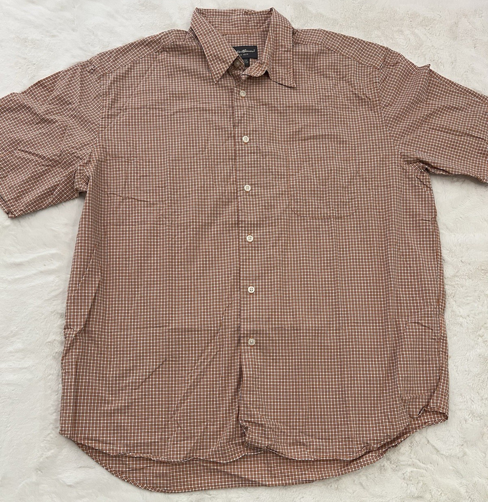 Eddie Bauer Button Up Shirt Mens XL Orange Check Short Sleeve Casual Cotton